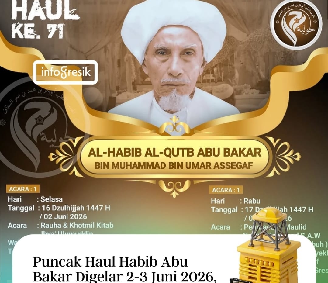 Puncak Haul Akbar ke-71 Al-Qutb Al-Habib Abu Bakar bin Muhammad Assegaf di Gresik diselenggarakan pada 3 Juni 2026 (bertepatan dengan 17 Dzulhijjah 1447 H). Acara inti dipusatkan di Masjid Jami' Gresik (depan Alun-Alun Gresik), dimulai pukul 09.00 WIB
